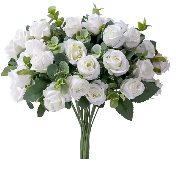 10 Heads Artificial Flower Silk Rose white Eucalyptus leaves