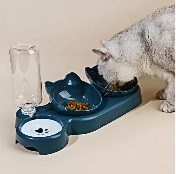 Pet Bowls With Water Feeder, 3 In 1 Ear Design Tilted Cat Water And Food Bowl Set